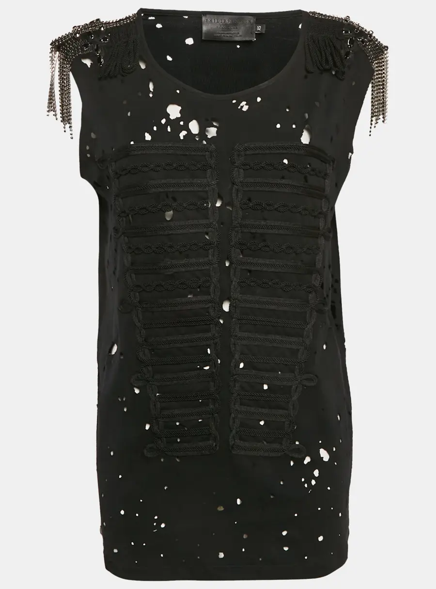 Philipp Plein Couture Black Shoulders Embellished Distressed Top XS