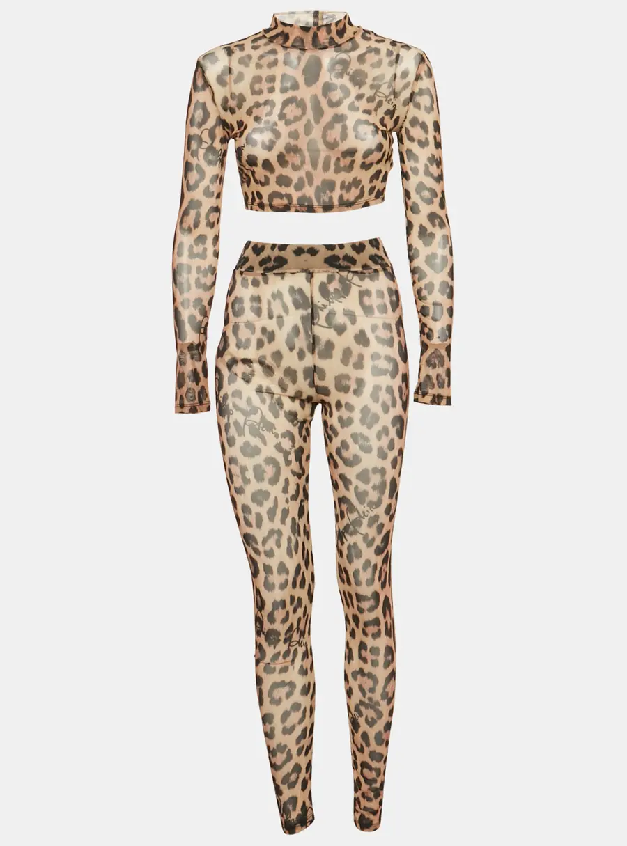 Philipp Plein Leopard Print Stretch Mesh Semi Sheer Top and Leggings Set S
