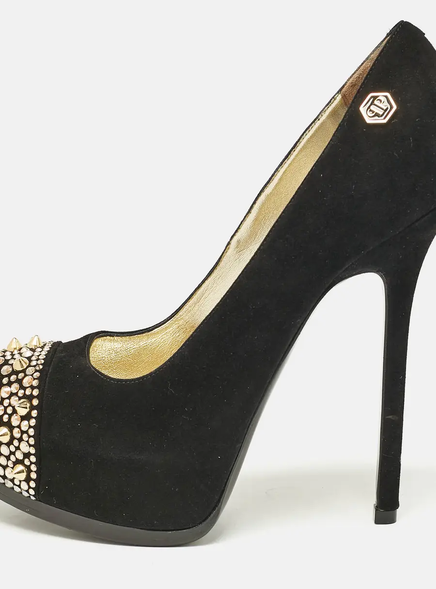 Philipp Plein Black Suede Spike Embellished Platform  Pumps Size 37