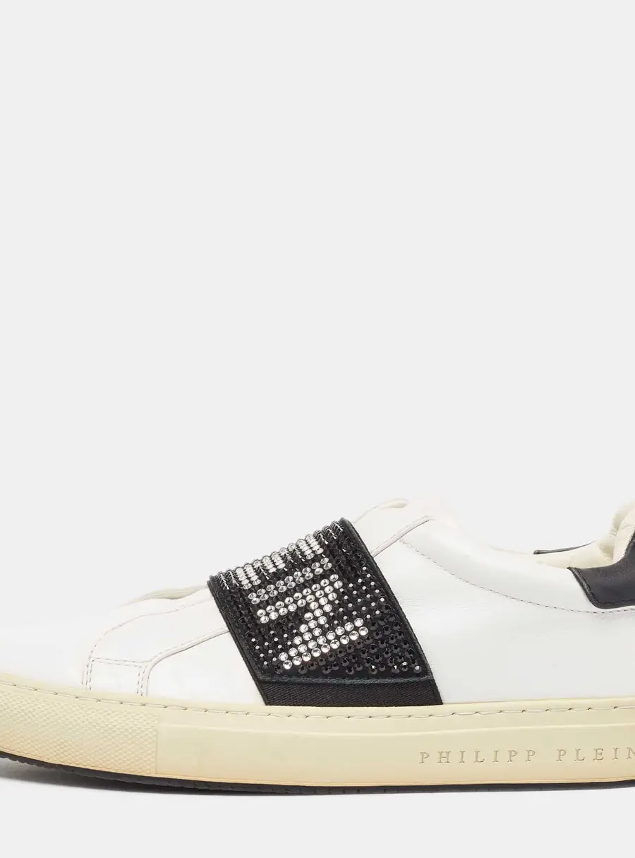 Philipp Plein White/Black Leather  Crystal Embellished  Sneakers Size 35