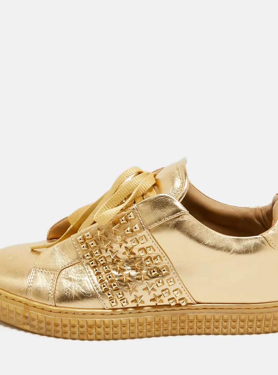 Philipp Plein Gold Leather Spike Studded Sneakers Size 38