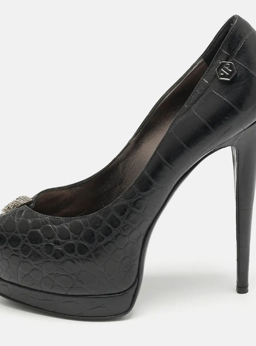 Philipp Plein Black Croc Embossed Leather Skull Peep Toe Platform Pumps Size 38