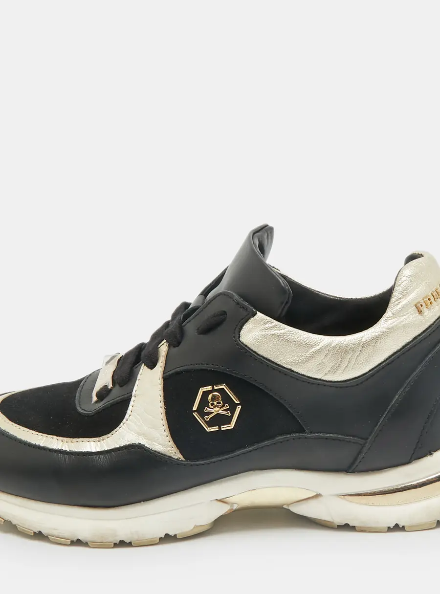 Philipp Plein Black/Gold Leather and Suede Low Top Sneakers Size 38