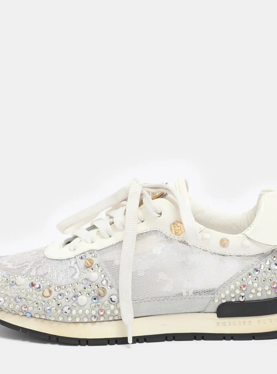 Philipp Plein White Lace and Leather Sanna Embellished Low Top Sneakers Size 36.5
