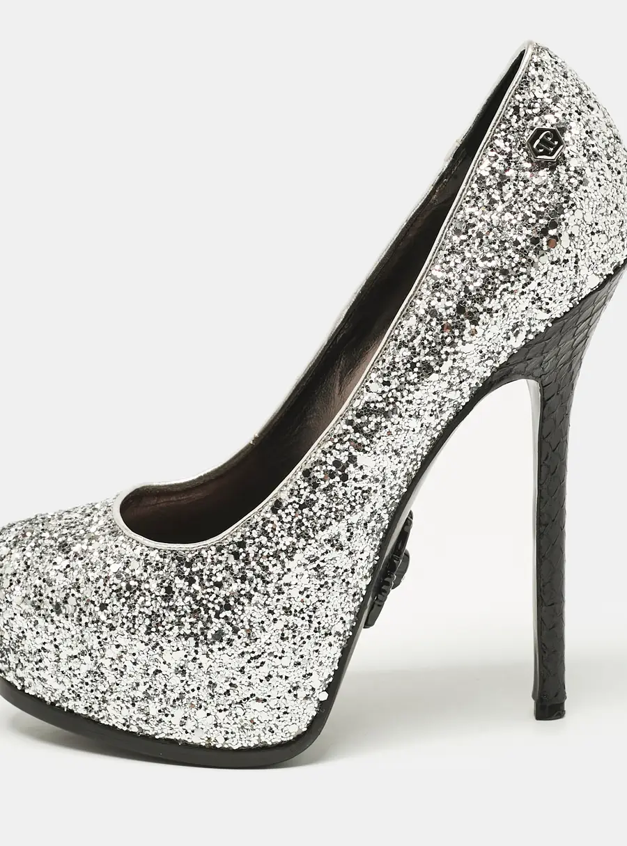 Philipp Plein Silver/Black Glitter and Python Platform Pumps Size 37
