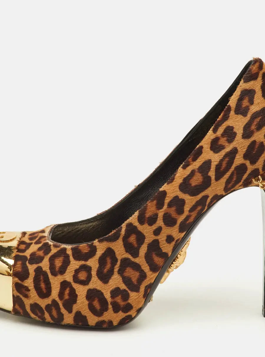 Philipp Plein Size 37 Brown Leopard Print Calf Hair Skull Metal Cap Toe Platform Pumps