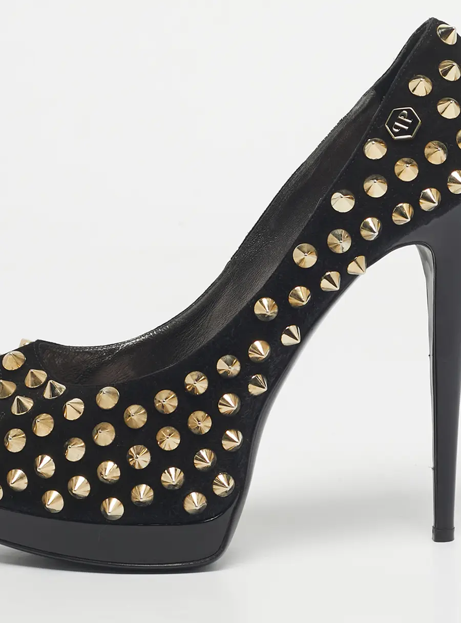 Philipp Plein Black Suede Studded Peep Toe Platform Pumps Size 40