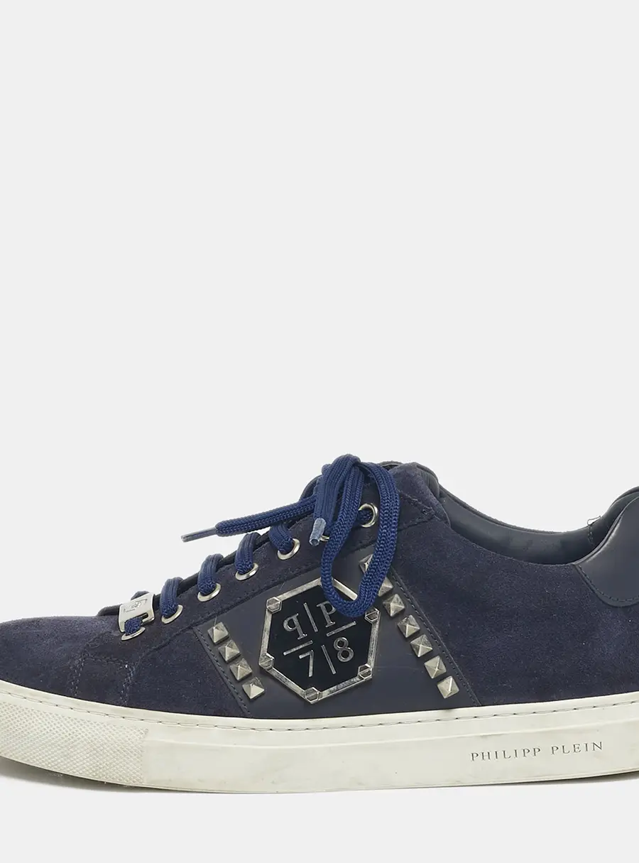 Philipp Plein Navy Blue Leather and Suede Stud Embellished  Lace Up Sneakers Size 40