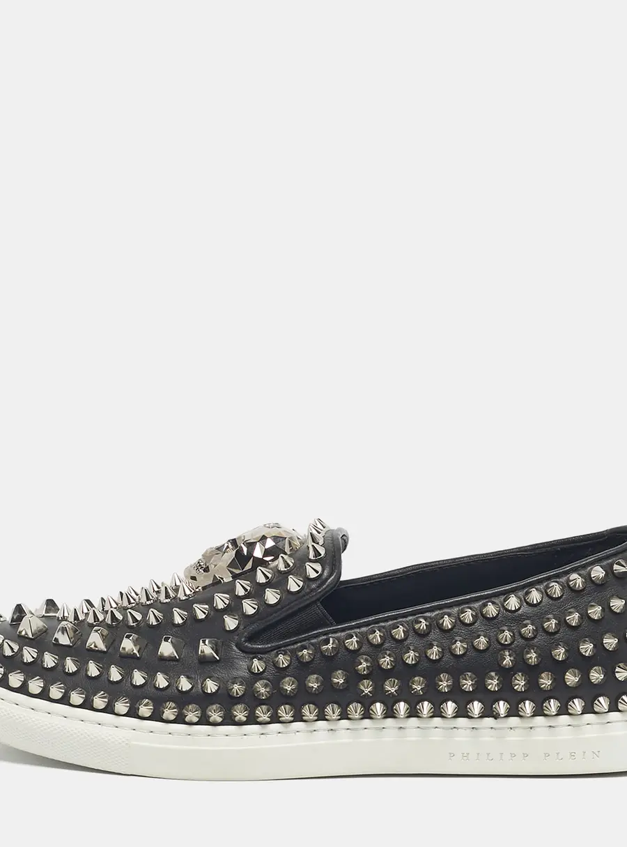 Philipp Plein Black Leather Studded Skull Slip On  Sneakers Size 37