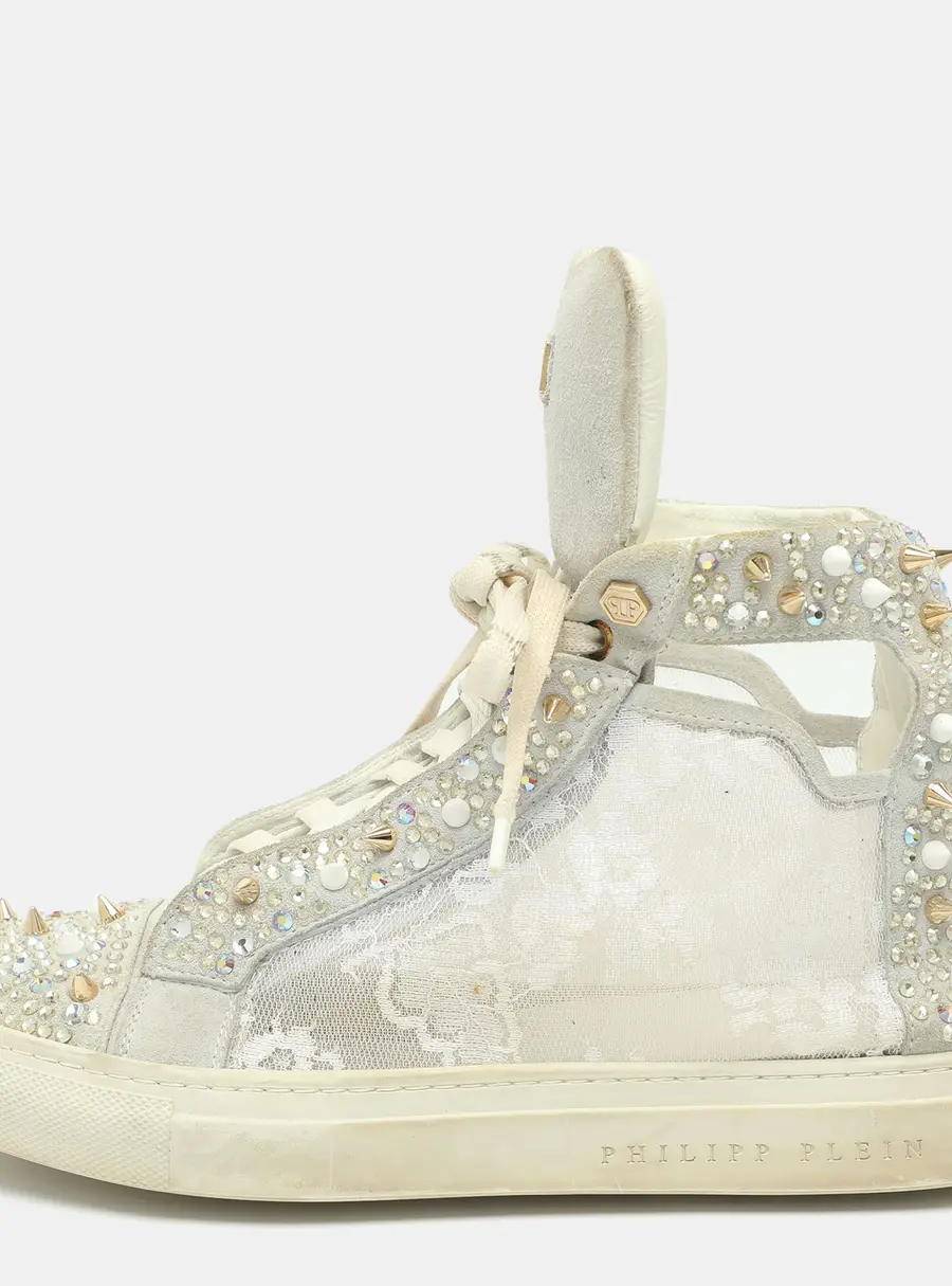 Philipp Plein Size 42 Grey Lace and Suede High Top Sneakers
