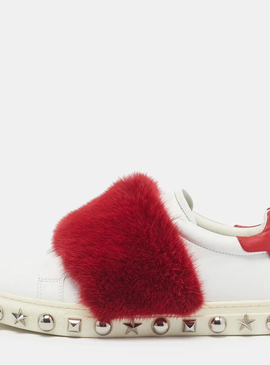 Philipp Plein Size 38 White/Red Fur and Leather Low Top Sneakers