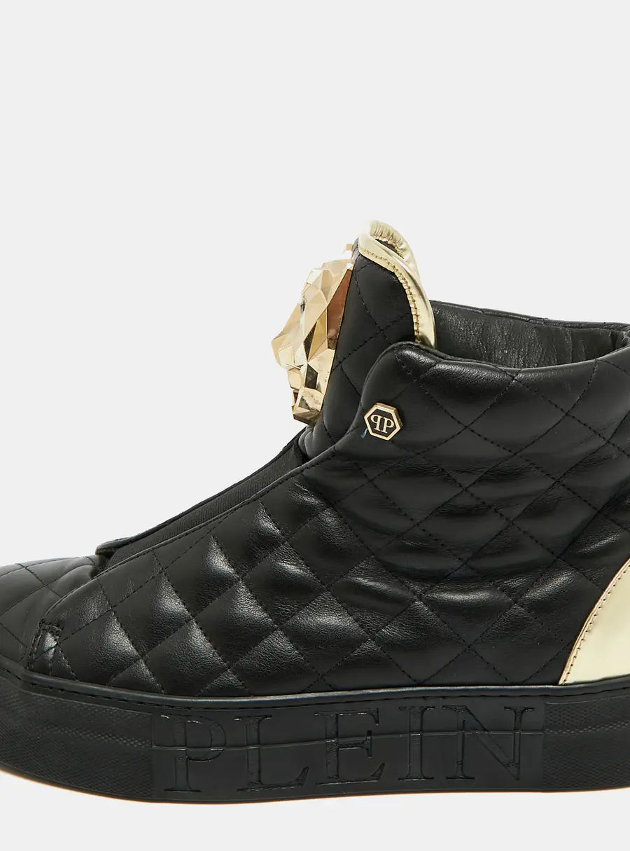 Philipp Plein Size 39 Black Leather Crystal Embellished High Top Sneakers
