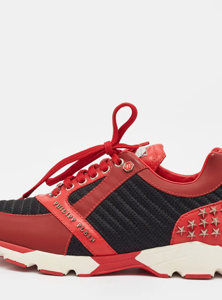 Philipp Plein Trainer Size 39 Black/Red Knit Fabric and Leather Lace Up Sneakers