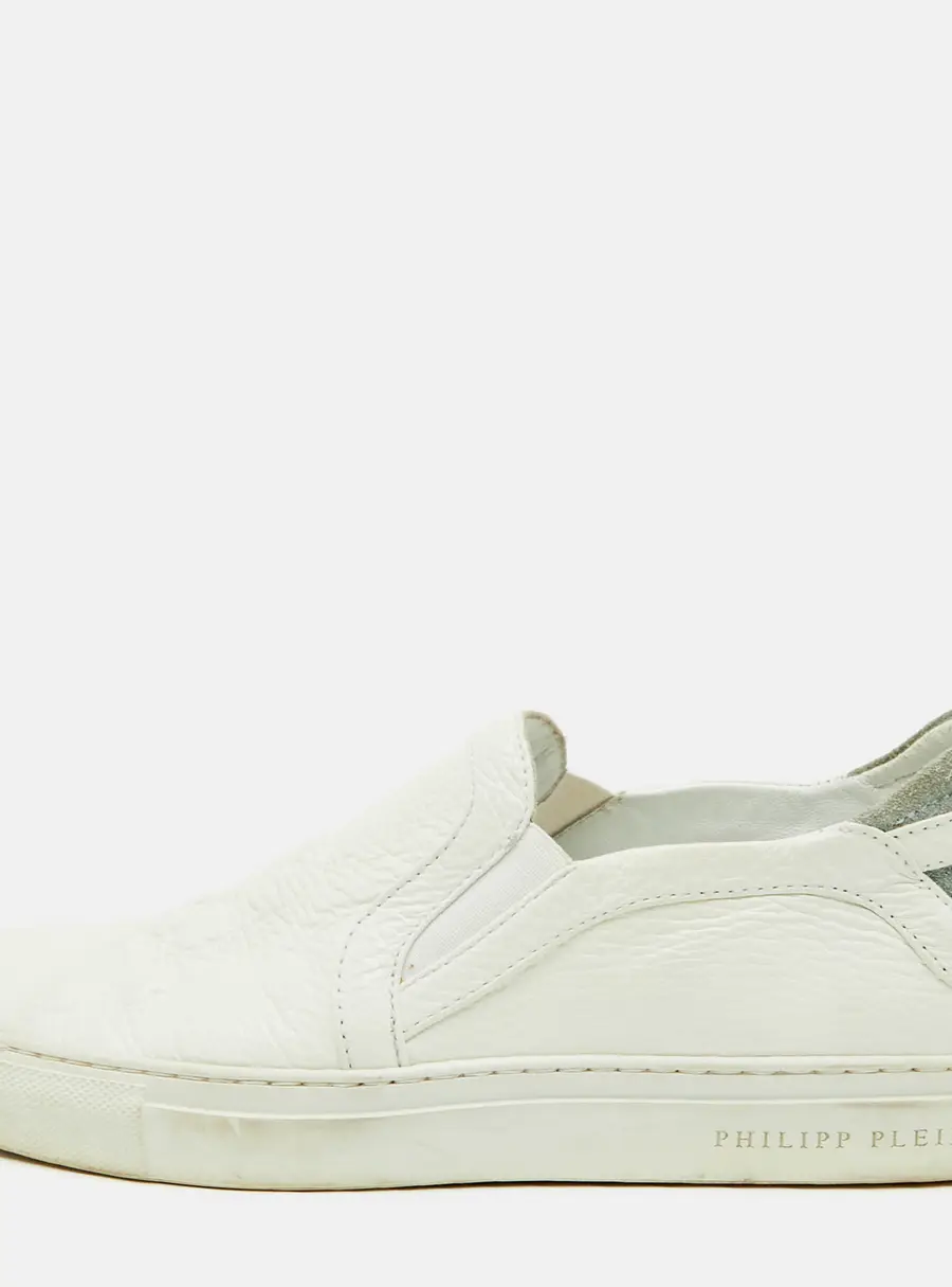 Philipp Plein Skull Embossed Size 39 White Leather Slip On Sneakers