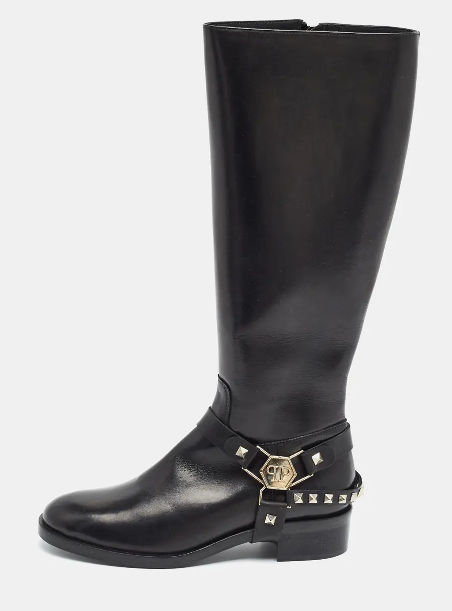 Philipp Plein Kingdom Size 41 Black Leather Knee Length Boots