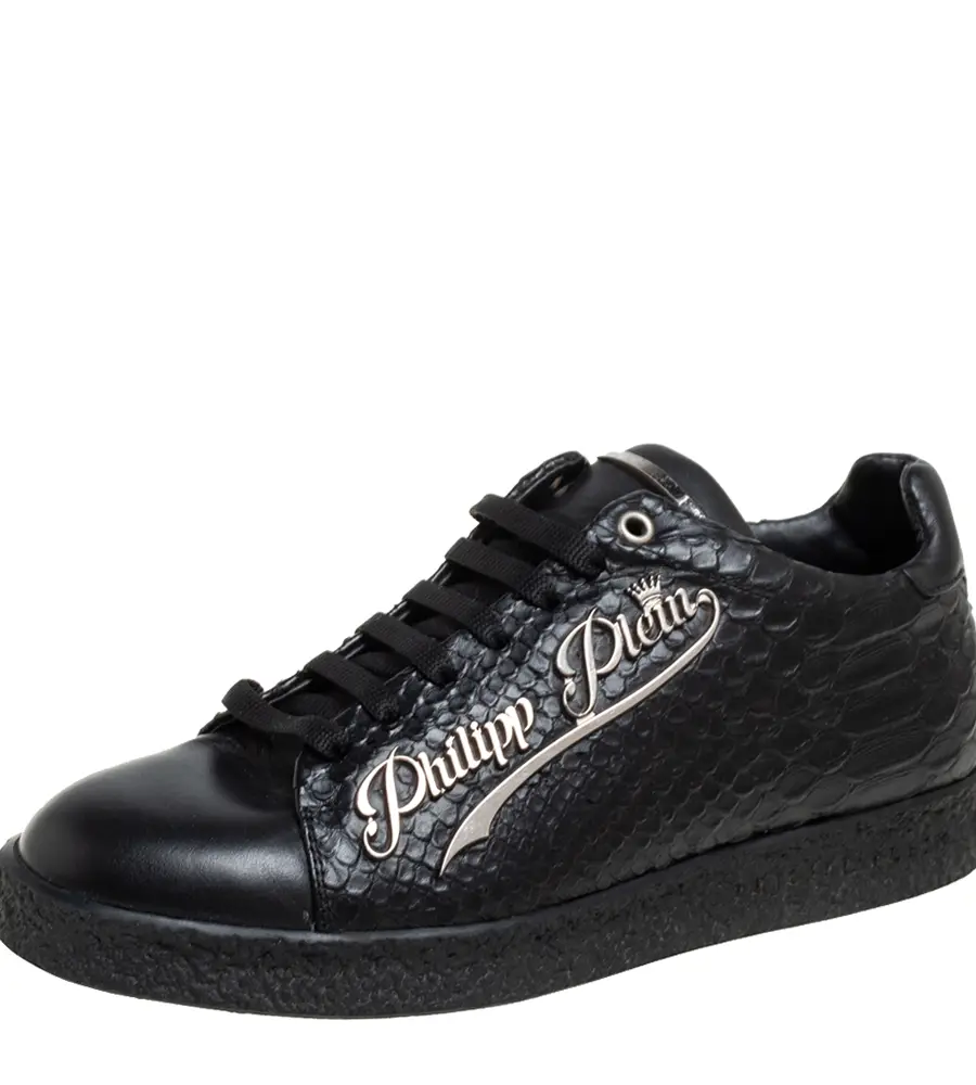 Philipp Plein Size 39 Black Leather and Python Embossed Leather Low Top Sneakers