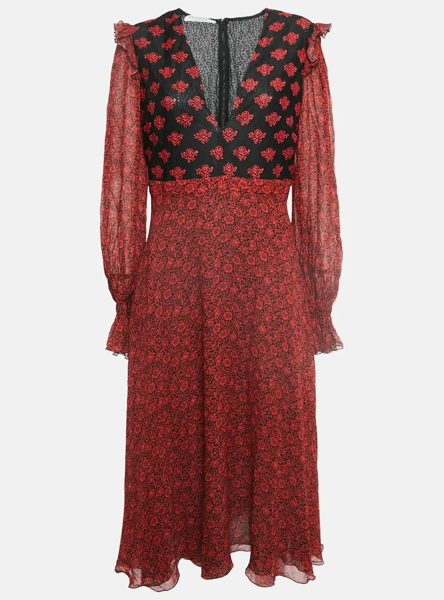 Philosophy di Lorenzo Serafini Red Printed Crepe V Neck William Morris Dress M
