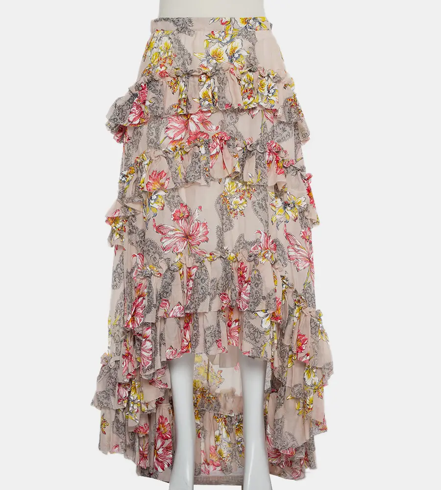 Philosophy Beige Floral Printed Cotton & Silk Ruffled Asymmetric Hem Midi Skirt M