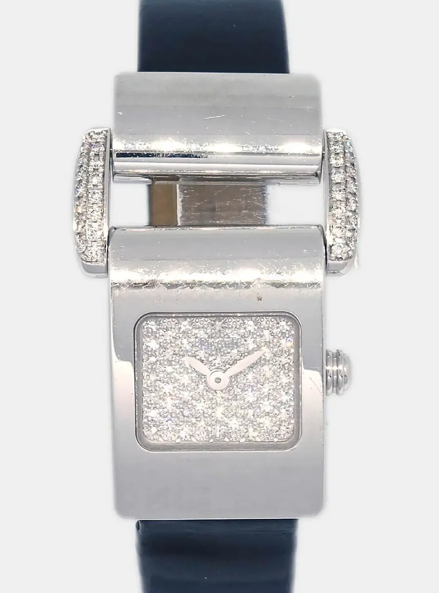 Piaget Miss Protocole Silver Black 18K White Gold Diamond Quartz Women's Wristwatch 17 cm