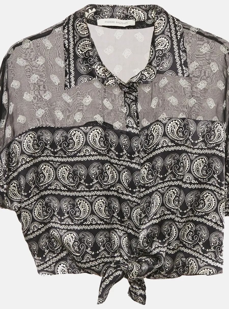 Pierre Balmain Black Paisley Print Silk Tie Knot Crop Top M