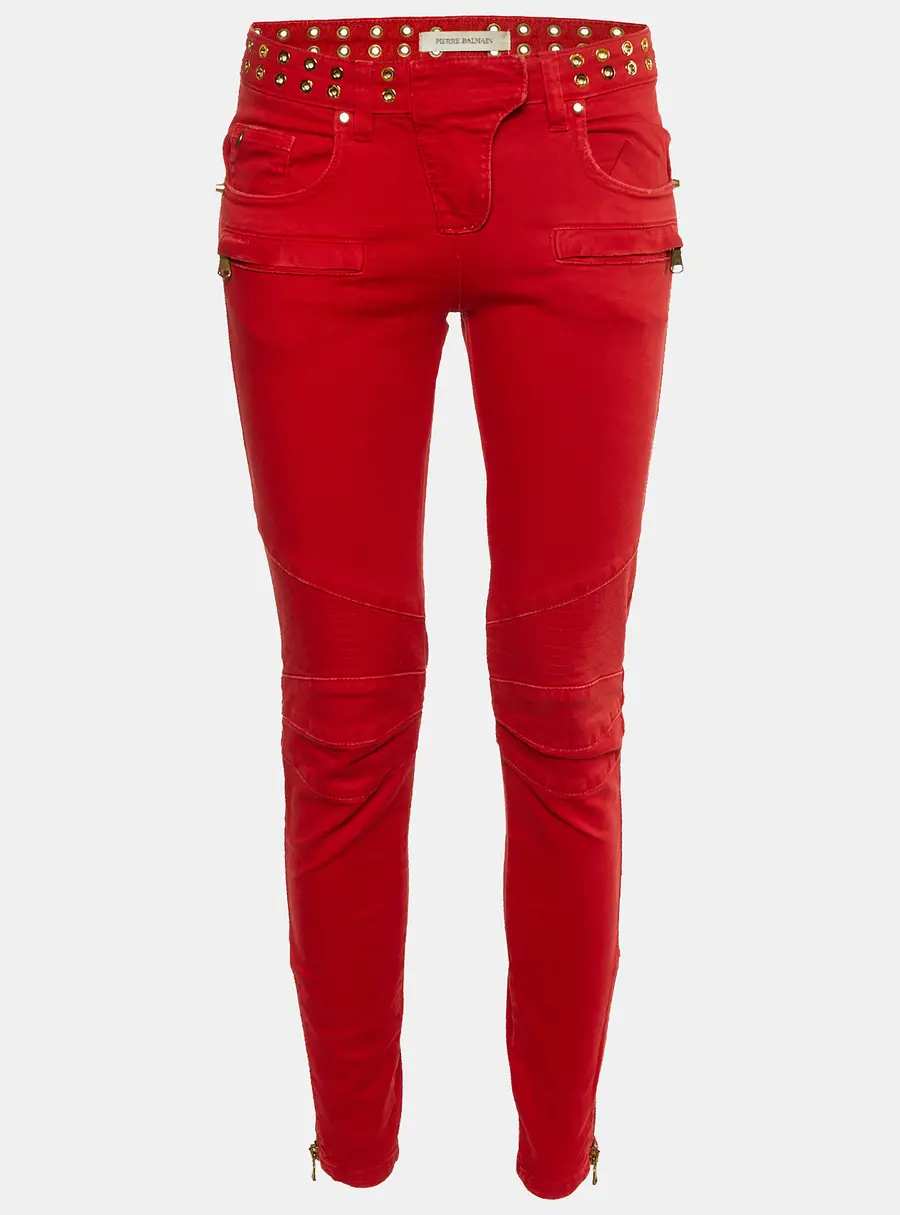 Pierre Balmain Red Denim Studded Slim Fit Jeans M/Waist 29"