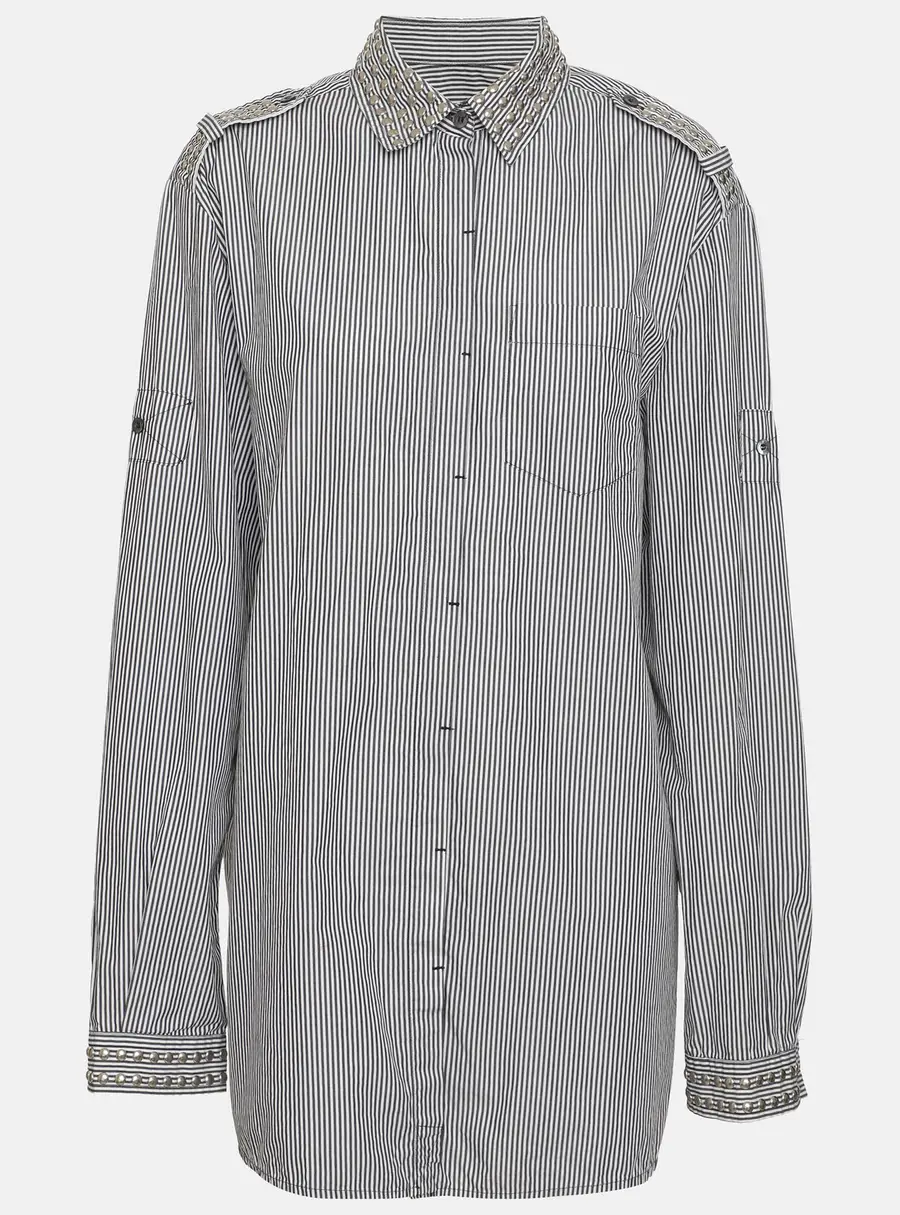 Pierre Balmain Grey/White Pin Stripe Poplin Studded Long Sleeve Shirt M