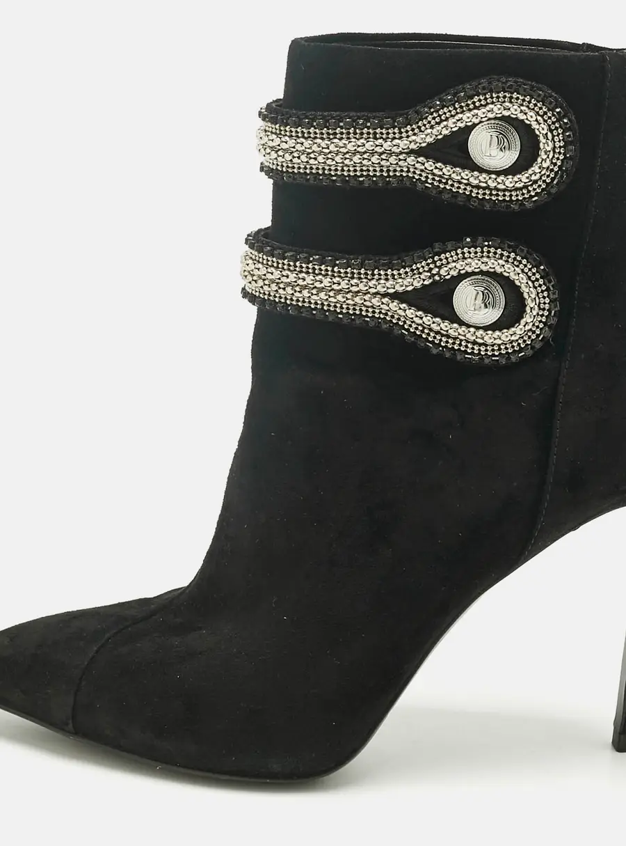 Pierre Balmain Black Suede Crystal Embellished Ankle Length Boots Size 37