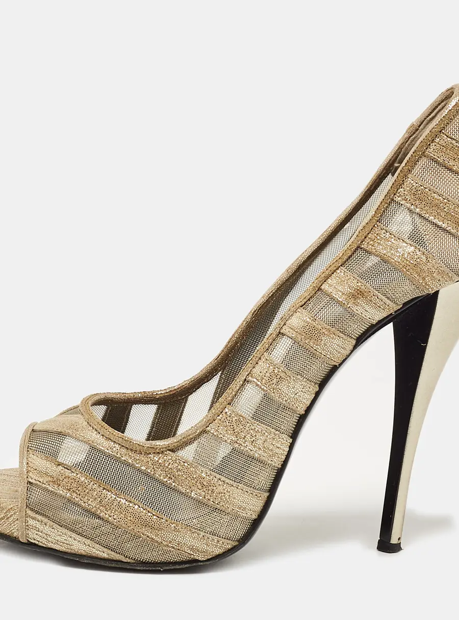PIERRE HARDY Gold Mesh and Suede Peep Toe Pumps Size 37