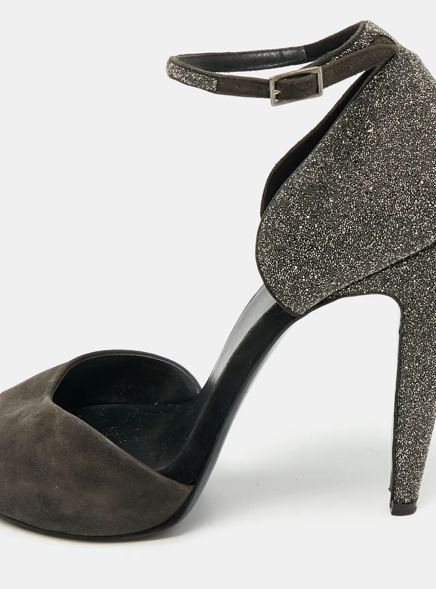 PIERRE HARDY Black Glitter and Suede Peep Toe Ankle Strap Sandals Size 39.5