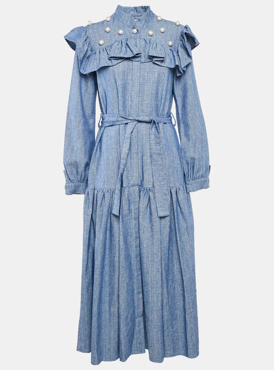 Poca & Poca Blue Canvas Ruffled Bead Detail Maxi Dress M