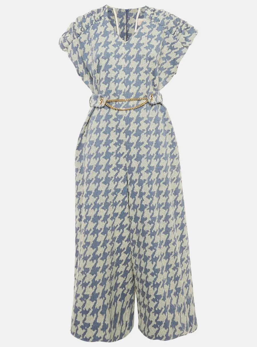 Poca & Poca Blue Houndstooth Belted Wide Leg Jumpsuit M