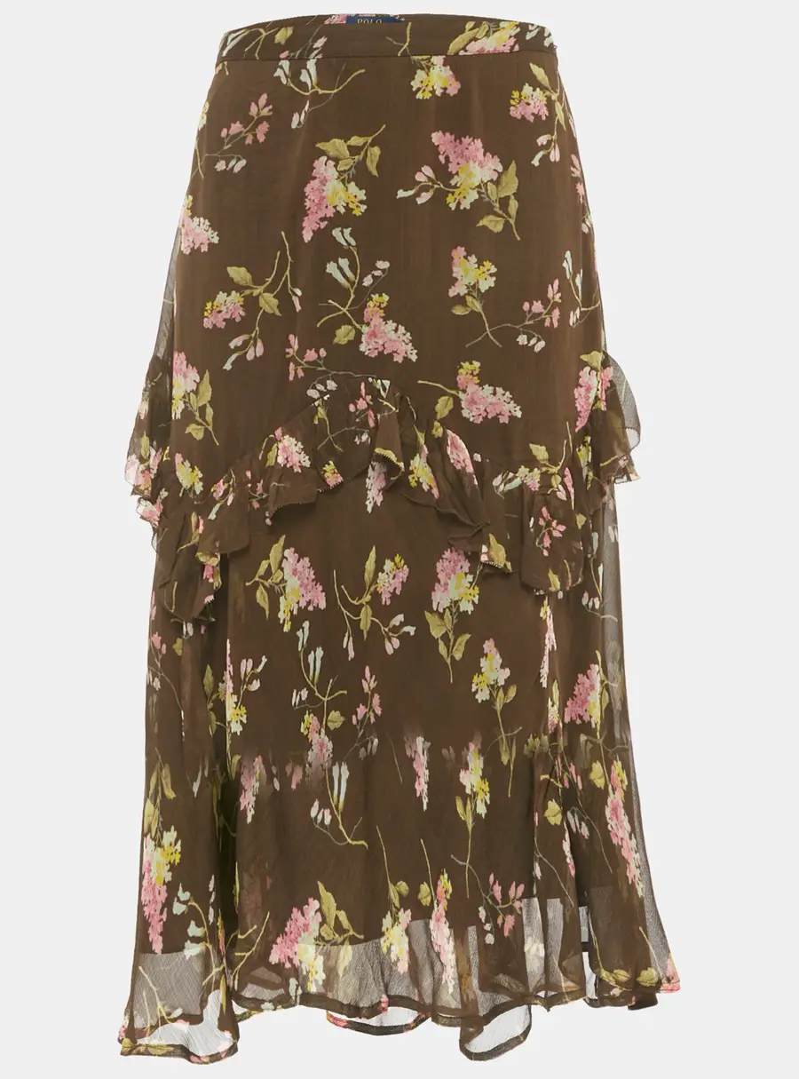 Polo Ralph Lauren Brown Floral Print Chiffon Ruffled Midi Skirt M