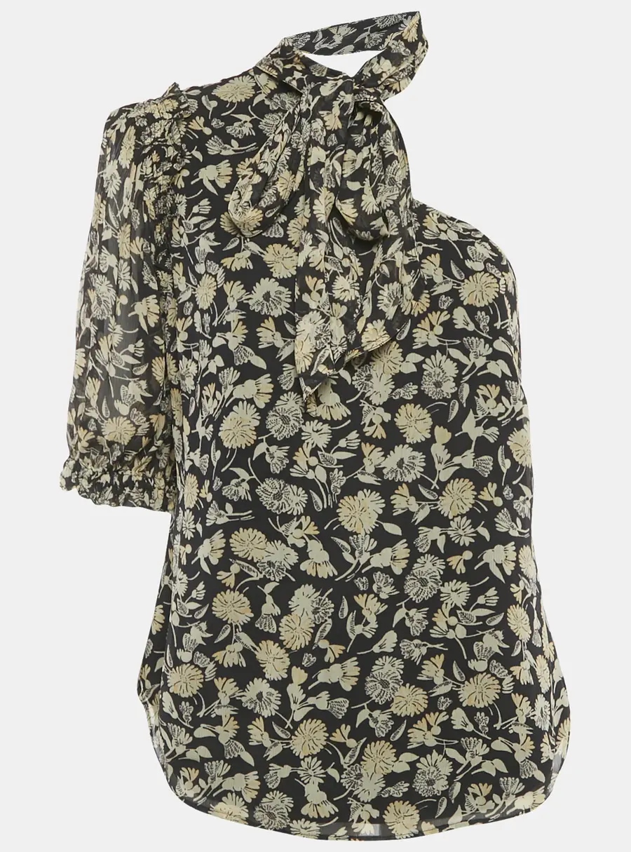 Polo Ralph Lauren Black Floral Print Chiffon One-Shoulder Top L