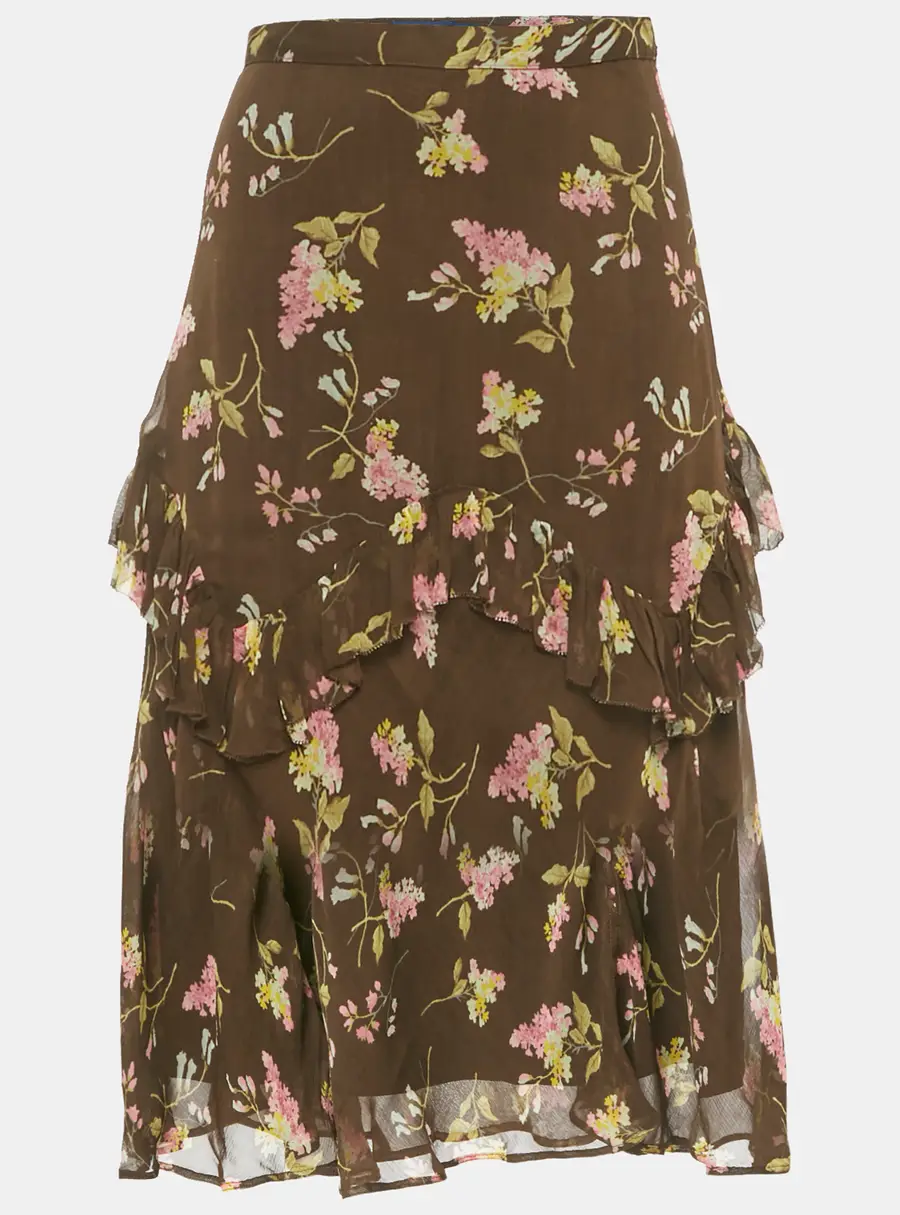 Polo Ralph Lauren Brown Floral Print Chiffon Ruffled Midi Skirt S