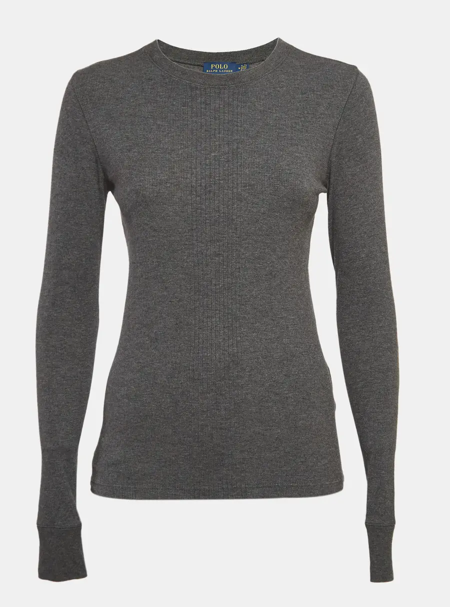 Polo Ralph Lauren Grey Suede Trim Rib Knit Sweatshirt M