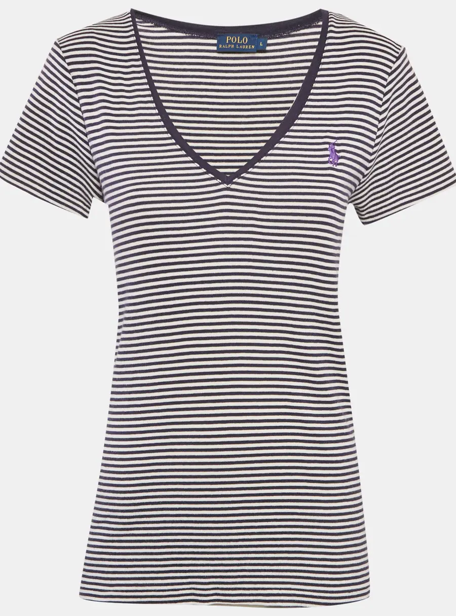 Polo Ralph Lauren Navy Blue & White Striped Cotton Knit V-Neck T-Shirt L