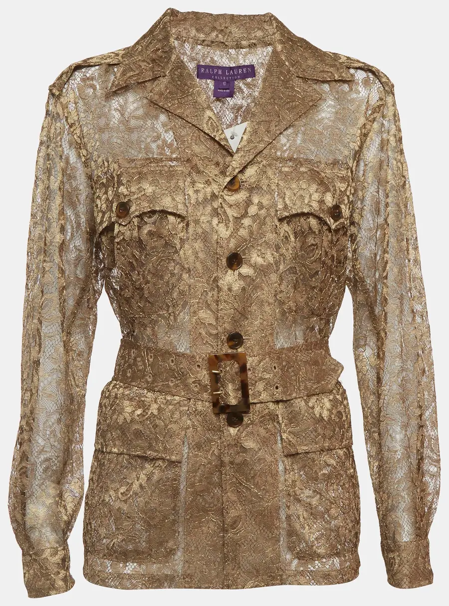 Ralph Lauren Gold Lace Long Sleeve Belted Jacket L