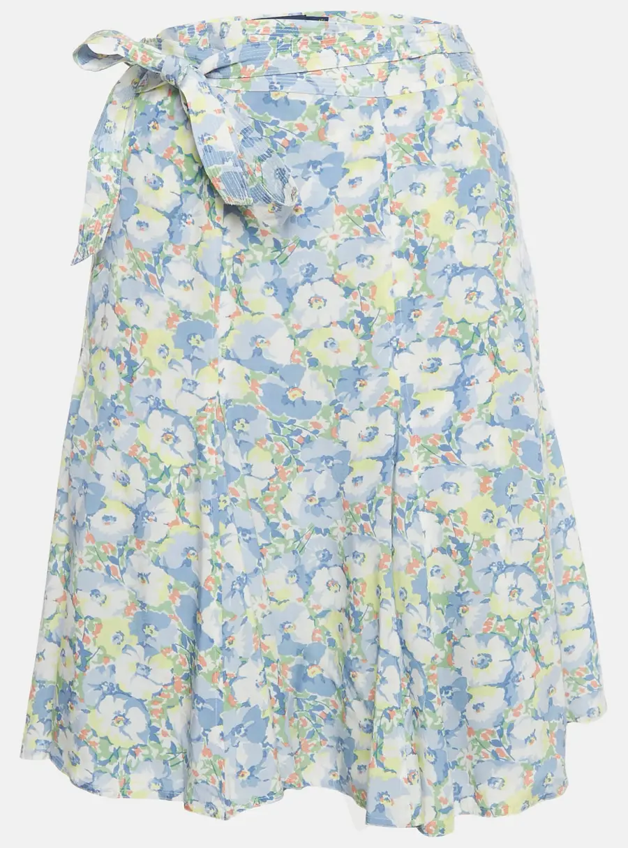 Polo Ralph Lauren Blue/White Floral Print Crepe Wrap Skirt XL