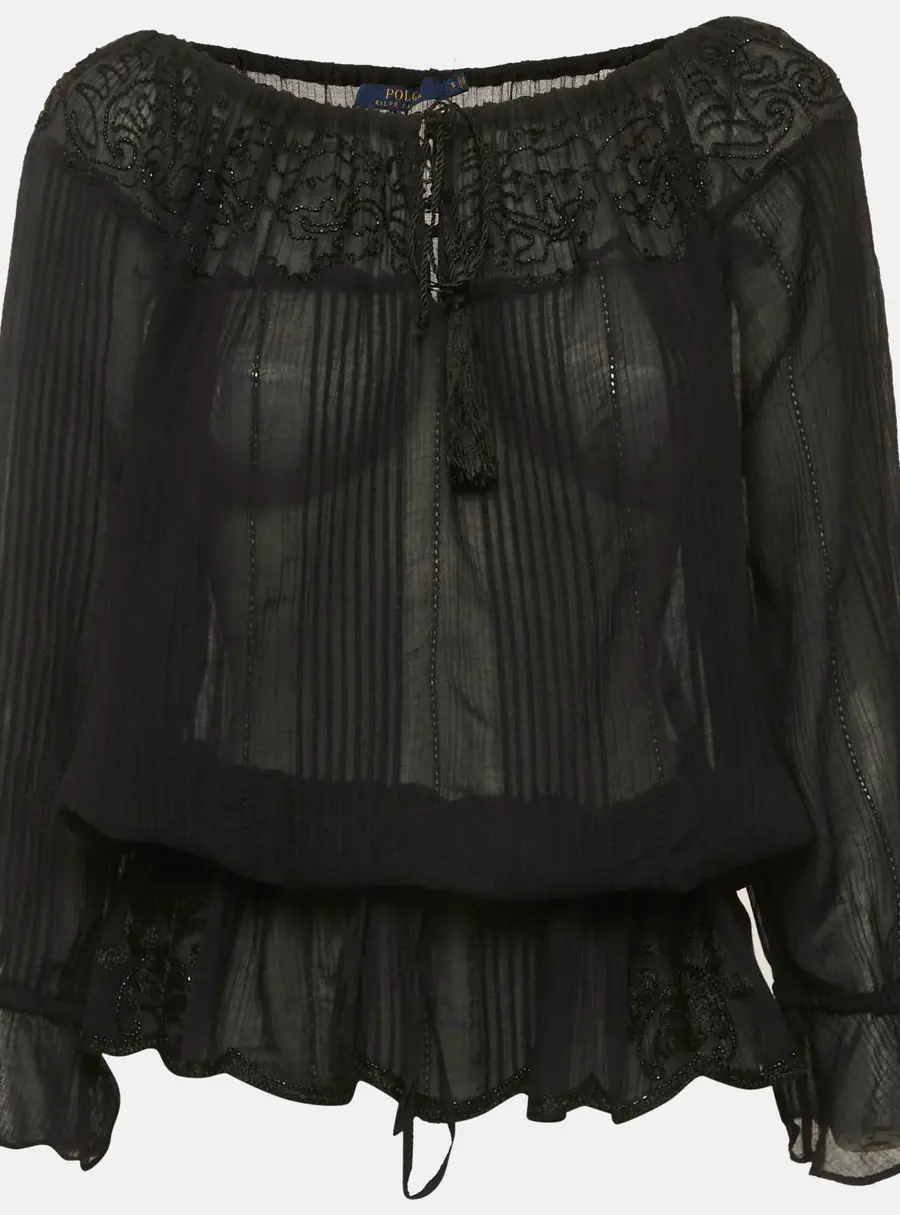 Polo Ralph Lauren Black Cotton Embellished Long Sleeve Blouse S