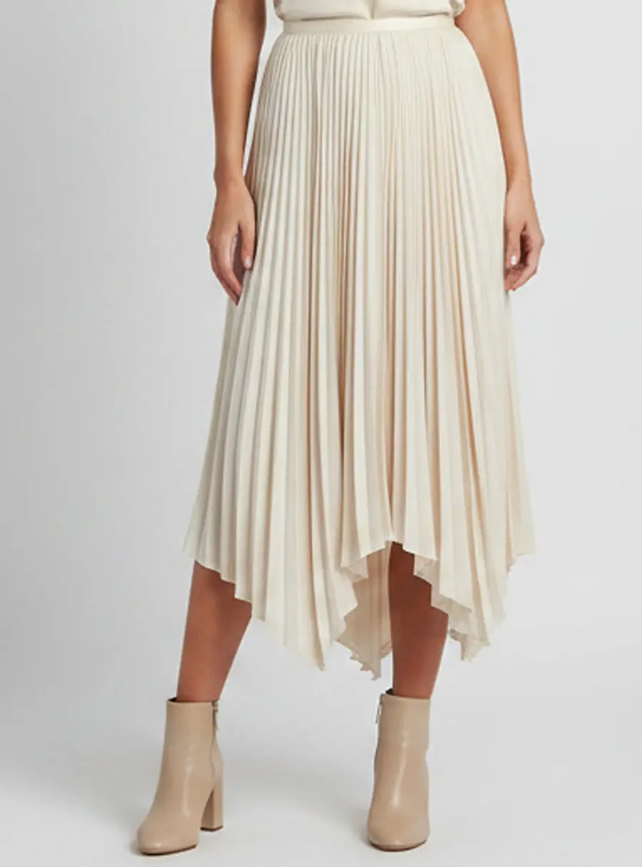 Polo Ralph Lauren Cream Satin Plissé Asymmetric Midi Skirt L