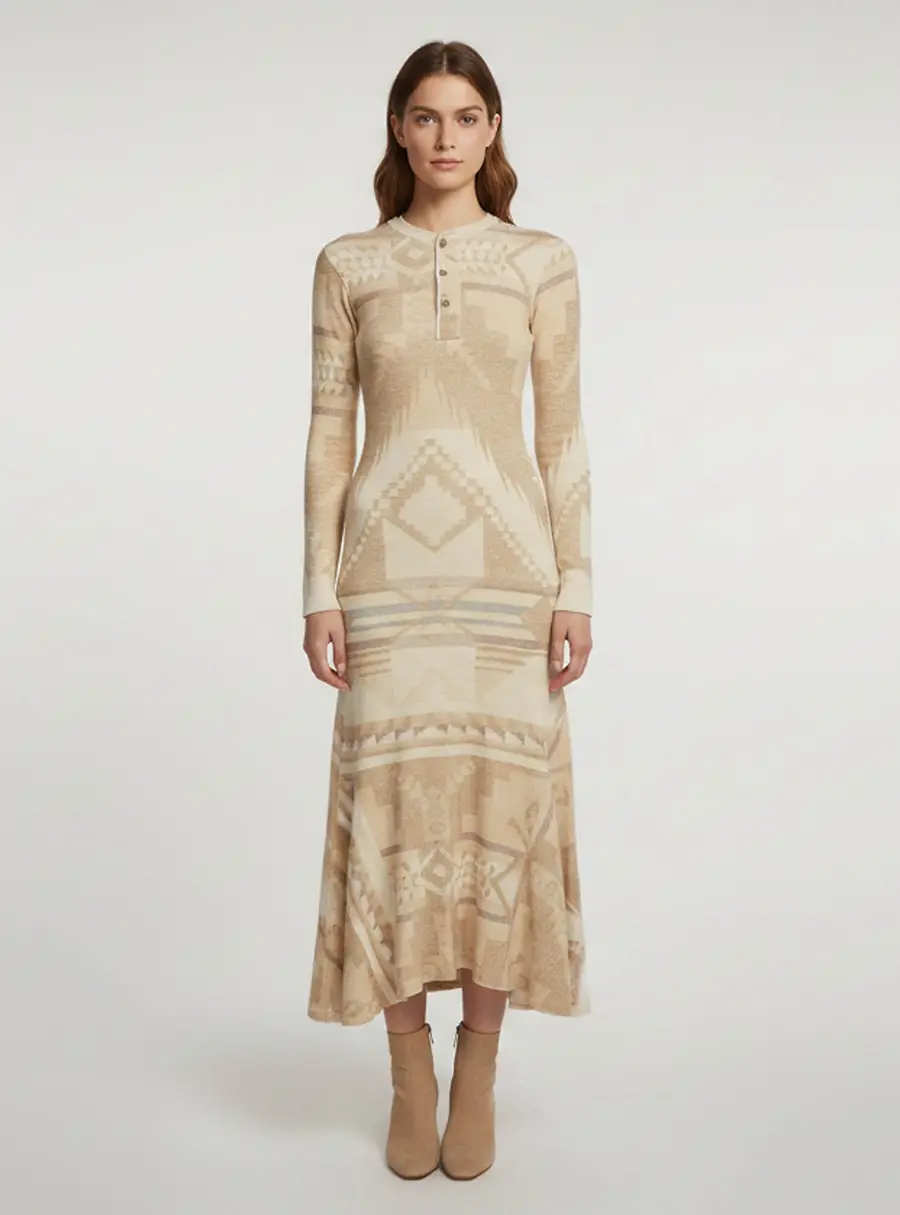 Polo Ralph Lauren Beige Southwestern Knit Henley Maxi Dress XS