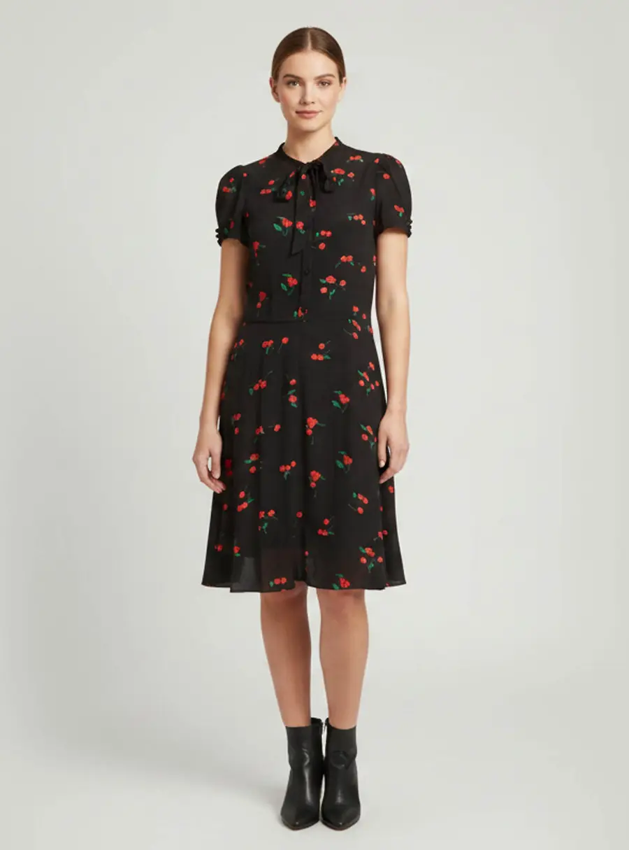Polo Ralph Lauren Black Cherry Print Crepe Button-Up Dress M