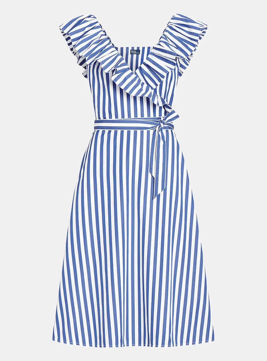 Polo Ralph Lauren White/Blue Striped Cotton Wrap Midi Dress S