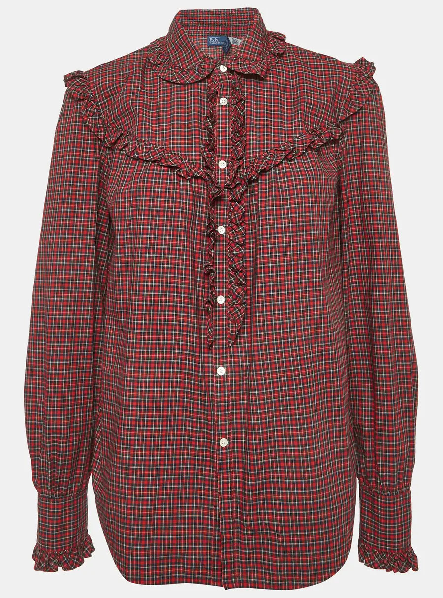 Polo Ralph Lauren Red Plaid Cotton Ruffle Trim Shirt M