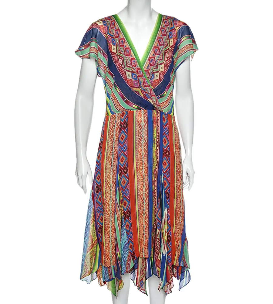Polo Ralph Lauren Multicolored Printed Silk Asymmetric Hem Detail Dress M