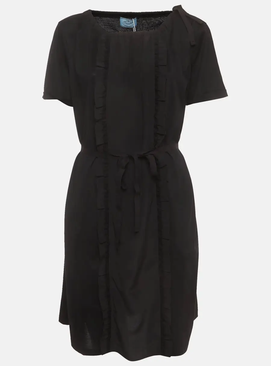 Prada Black Stretch Cotton Ruffle Insert Detail Short Sleeve Mini Dress XL