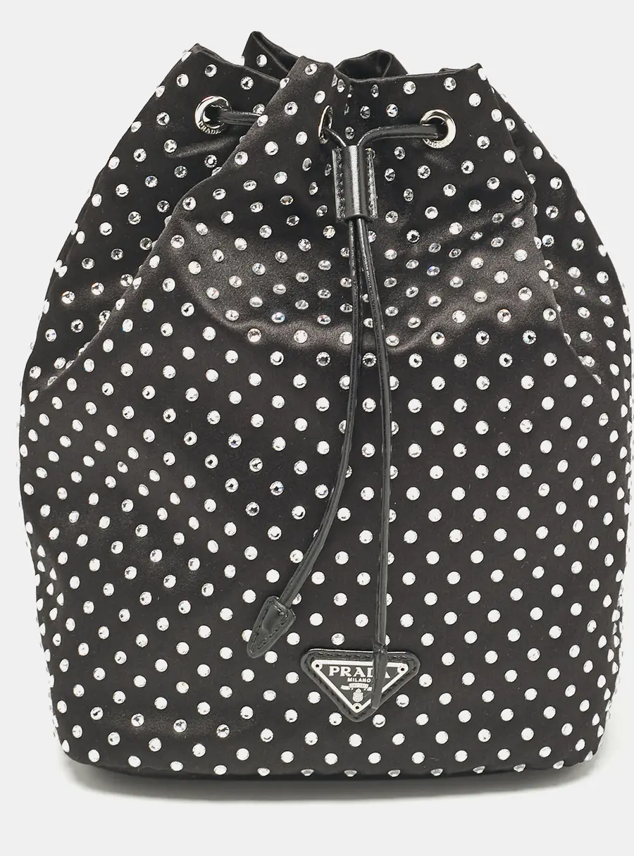 Prada Black Nylon Crystals Embellished Drawstring Pouch