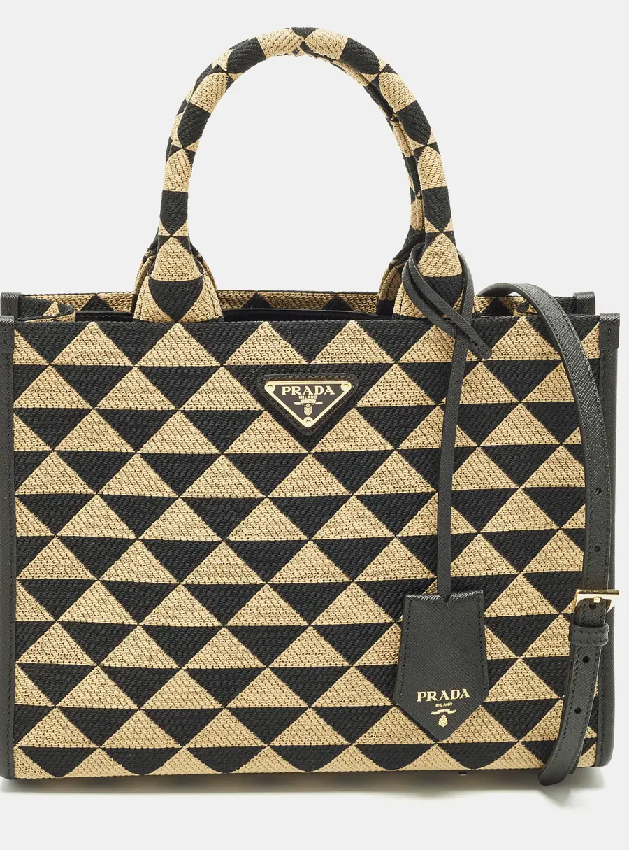 Prada Symbole Small Beige/Black Embroidered Canvas Tote