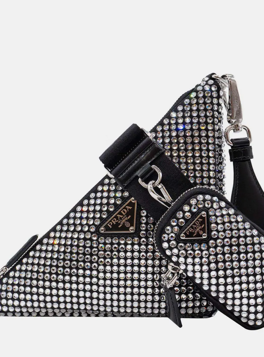 Prada Triangle Small Black Satin Crystal Shoulder Bag