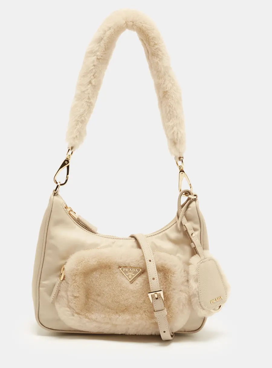 Prada Re-edition Beige Nylon and Shearling Fur Shoulder Bag